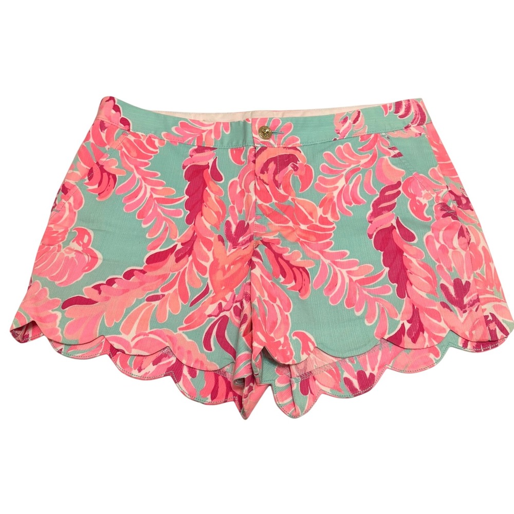 Lilly Pulitzer Buttercup Scalloped Shorts Pink Teal Floral Cotton Size 10